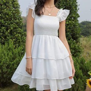 Women's Square Neck Mini/Midi Lenght Ruffle Dress White Backless Tiered Small